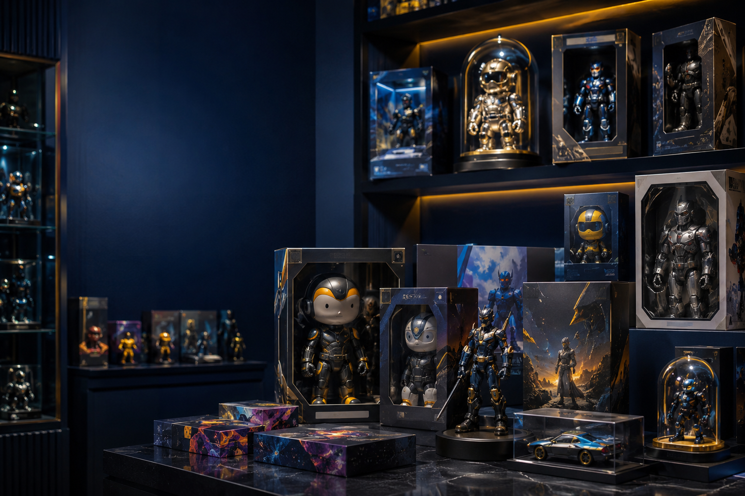 Curated display of collectible figures and toys